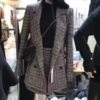 Outono inverno pista de neve desenhador tweed ternos formais para mulheres escritório senhora xadrez blazer jaqueta top mini saia 2 peça conjunto de trabalho