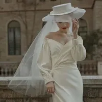 Purios Blanco Doble Capa Satin Satin Sombrero de las mujeres con la novia del arco Sun Veils Velo De Novia Fiesta de boda Accessoire Cheveux