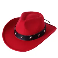 Vintage Womem Men Men Western Cowboy Hat z szerokim brzegi punkowy pasek wełna wełna cowgirl jazzowa czapka czarna menu kapelusz