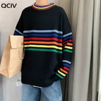 Suéteres Men Jerseys Rainbow Rayado Ocio Chic Ins Punto Retro Caída Flojo Hombre XXL Moda Coreana Harajuku Streetwear Nuevo Y0907