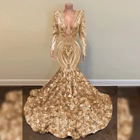 African Gold Mermaid Prom Dresses 2022 V Neck Długi rękaw Plus Size 3D Rose Suknia Elegancka Elegancka Formalna Party Cekiny Suknia Czarne Dziewczyny Noc Nosić Szata Soiree