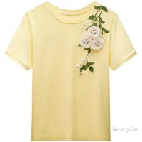 Handgemachte Stickerei Blume croppte T-shirt Frauen Rundhalskragen Gelb T-shirts Weibliche 2021 Sommer Kurzarm Tops Nancylim Damen T-Shirt