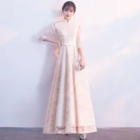 Çin Elbise Düğün Parti Cheongsam Oryantal Tarzı Akşam Uzun Kadınlar Zarif Qipao Dantel Nakış Qi Pao Robe Vestido Etnik Giyim