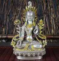 Sztuka Chiński Tybetański Buddism Silver Miedź White Tara Kwan-Yin Bodhisattva Statua