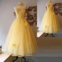 Новое поступление Желтый тюль Длинная линия выпускного вечера платье без бретелек фолор длина вечеринка платья ручной работы