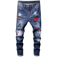 Мужские джинсы розовые мужские вышивки узкие моды синий разорванные повседневные растягивающие джинсовые патч-дизайн поцарапаны брюки хип-хоп