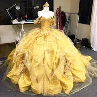 Gelbgold Prinzessin Quinceanera Dresses Puffy Rock Lace-up vor Schulter Korsett Sweet 16 Kleid 2021 Vestidos de 15 Años