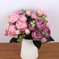 30cm Rose Pink Silk Bouquet Peony Kunstbloemen 5 Grote Hoofden 4 Kleine Bud Bruid Bruiloft Woondecoratie Fake Flowers Faux T191029