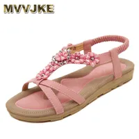 MVVJKE Bohemian Summer Shoes Sweet Womens Fleurs Fleurs Plat Sandales de haute qualité Strass Casual Appartements Plus Taille 35-42 Sandalias 210610