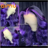 Ombre lila farbig Highlight Body Wave Human Hair Perücke für schwarze Frauen Prepucked HD Transparent Glueless 250 Dichte KTUUF 2HN6S