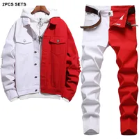 Herfst trainingspakken stiksel kleur heren sets half rood en half wit denim jas bijpassende slanke stretch jeans 2-delige conjuntos de hombres