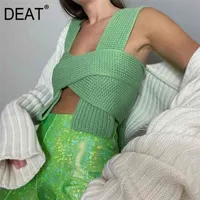 [deat] طوق غير النظامية الصلبة الصوف أكمام ضمادة الأعلى مع حزام المرأة مثير نمط مول gothe Y2K الملابس الصيف GX428 210324