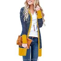 Damski długi rękaw Neckline Otwórz Front Stripe Snap Button Down Knit Cardigans Sweter Płaszcze 210908