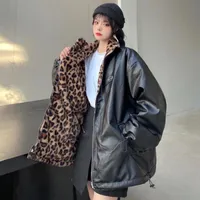 Faux de cuero femenino weihaobang 2021 primavera otoño mujeres leopardo impresión desgaste en ambos lados chaqueta de PU dama Slim Plus Tamaño