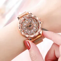 Lucky rotierende Blume Frauen Uhren Diamant Zifferblatt Magnetic Quarz Handgelenk Für Frau Luxus Rose Gold Armband Damenuhr Armbanduhren