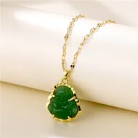 Laughing Buddha Jade Pendant Necklace with Titanium Steel Copper 18K Real Gold Plated Long Lasting Colour Hiphop Necklaces for Women