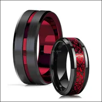 Banda anéis de jóias moda 8mm vermelho tungstênio casamento anel de carboneto preto para homens mulheres retro dragão celta inlay entrega de gota de fibra de carbono 20