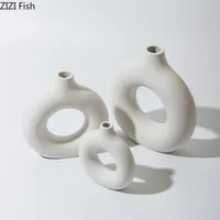 Vasen Künstliche Blumen Keramik Vase Tischdekoration Runde Hohl Blume Anordnung Beige / Weiß Donut Nordic Home Decor Modern