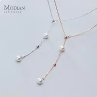 Modian Silver Simple Pearl Bead Ketting 100% 925 Sterling Rose Gold Color Chain Kettingen voor Vrouwen Verklaring Sieraden Kettingen