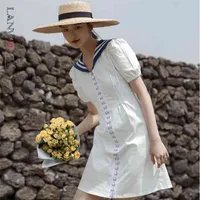 白いドレスショートパフスリーブシングルブレストハイスイトドレスプルオーバースウィートガールの女性トップWM164 210513