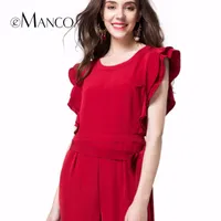 E-Manco Широкая нога Элегантный длинный красный комбинезон комбинезон для женщин мода лепесток рукав O-образным вырезом свободно сплошной полнометражный набор женских двух частей
