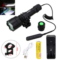 Tactical Jacht Torch T6 White LED Light Hunting Flashlight + Rifle Mount + Remote Pressure Switch + 1 * 18650 Batterij + USB-oplader 210322