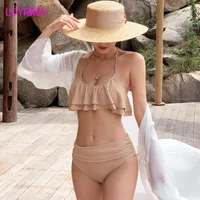 Women&#039;s Swimwear LDYRWQY 2021 Japan And South Korea Sling Sexy High Waist Solid Color Halter Bikini Swimsuit Two-piece Suit