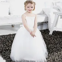 Girl&#039;s Dresses White Tulle Puffy First Communion Gowns O Neck Beaded Crystal Pageant Half Sleeves Vestidos Niñas Flower Girl
