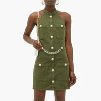 Freizeitkleider EST High Street 2021 Designer Kleid Frauen Halter Neck Lion Buttons Verzierte Kette Baumwolle