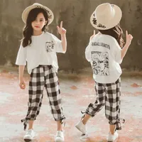 Girls Summer Outfits White T-Shirt & Plaid Pants 2pcs Sets Child Clothing 8 10 12 Year Teen Kids Girl Clothes Casual Tracksuit P0831