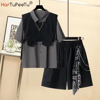 Damskie dresy Japońskie Harajuku Luźne Łańcuch Cargo Spodenki T Shirt + Cargo 2 Piece Set 3 Suit Street Wear JK Uniform Show