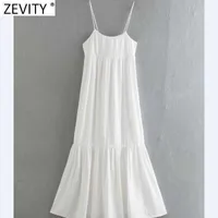 zevity 여성 백 활 묶여 패치 워크 화이트 슬링 미디 드레스 여성 스파게티 스트랩 Vestido 세련된 캐주얼 여름 드레스 DS8304 210603