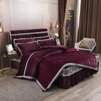 Sängkläder Set Velvet Plush Warm Duvet Cover Set Quilted Bedspread för Winter Luxury Lace Edge Conterter Bedskirt Pillowcases