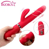 Ikoky telescópico conejo vibrador 360 grados rotación vibración consolador g-spot masaje juguetes sexy para mujer Transfer Beads Av Wand
