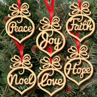 Brief Christmas Wood Church Heart Bubble Pattern Ornament Tree Decorations Thuis Festival Ornamenten Opknoping Gift, 6 PC per zak