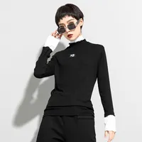 Czarny Stand-Up Collar T Shirt Camo Kobiety Topy Moda Sweter High Elastyczność Tee Blusas Camisa Mujer 210525
