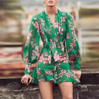 Elegante boog lange mouwen groene bloemen bedrukte jurken voor vrouwen herfst runway designer vintage mini vrouw jurk chiffon