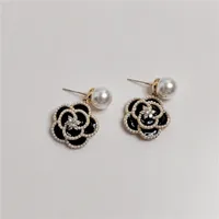 Koreaanse mode luxe S925 zilveren naald bloem dangle oorbellen sieraden temperament vrouwen retro zwart camellia plated 18 k goud parel oorbellen accessoires