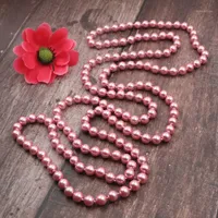 Lovely Pink Long Necklace Simulated Pearl Shell Beads Strand Chain Necklaces Round Glass Pearls Statement Women Jewelry 56&quot; A970
