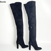 Romantic New Arrival Women Winter Thigh Boots Faux Suede Comfort Chunky Heels Round Toe Classic Black Daily Shoes US Size 5-20