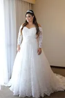 2021 Lange mouwen plus size bruiloft jurken off schouder Sparkly lovertjes appliques kant een lijn Zie doorbladeren Bruidsjurken Custom Size
