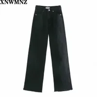 Xnwmnz za féminin féminin mode hi-hauteur jambe large longueur plein de longueur de jeans millésime évacué sans soudure heureux taille haute taille bouton zipper denim femme h0908