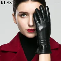 Brand Genuine Leather Women Gloves Otoño Invierno más Velvet Fashion Elegant Goatskin Glove Ladi Driving 8601
