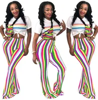 Womens skinny arco-íris listrado flared alta cintura multicolor calças moda