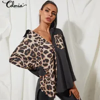 Kvinnors Blusar Skjortor Kvinnor och Celmia Sexy Retro Leopard Print Asymmetriska Toppar 2022 Höst Casual Loose Långärmad Massor