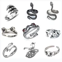 9 Pçs / set vintage anéis abertos Snake rã gato pavão ajustável liga de metal cor de prata anel kit de jóias para mulheres meninas meninas
