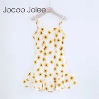 JOCOO JOLEE Yaz Taze Çiçek Baskı Şifon Kayma Elbise Kadınlar Seksi Geri Yay Bağlı Spagetti Kayışı Elbise Kızlar Plaj Ruffles Dres 210619