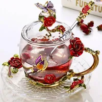 Tazas Rosa Rosa Esmalte de vidrio Café Tazas de té y vidrios resistentes al calor Hecho a mano Taza de agua Taza de agua Amante del regalo de la boda