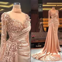 2021 Luksusowy Nude Blush Pink Sexy Prom Dresses High Neck Crystal Crystal Forading Długie Rękawy Open Back Dress Dress Party Page Cormal Gowns Sweep Pociąg Plus Rozmiar