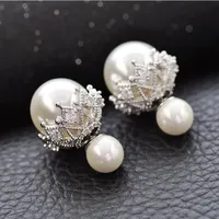 S925 Sterling Silver Stadniny Kolczyki z Crystal Luksusowe Perły Dwustronne Koronki Designer Uchodów Biżuteria na ślub